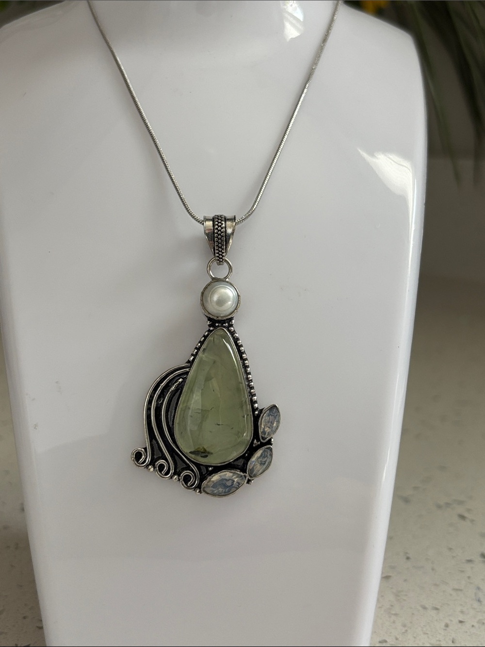 Hand Crafted Silver Teardrop Necklace with Green Prehnite & Opalite
